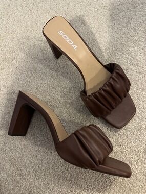 Soda Chocolate Brown Ruched Block Heel Slide Mules Sandals